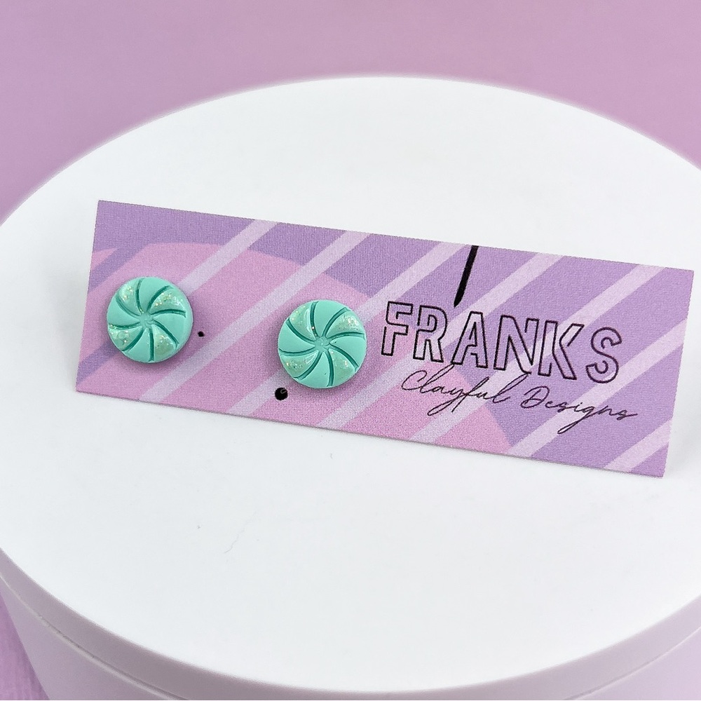 Green Swirly Candy Handmade Polymer Clay Small Stud Earrings